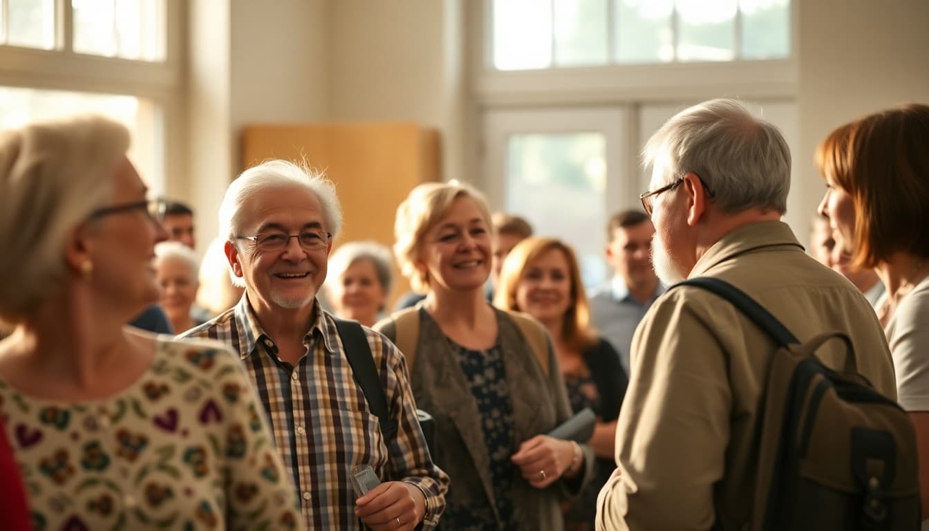 School alumni gathering at class reunion event reconnecting with classmates and former teachers