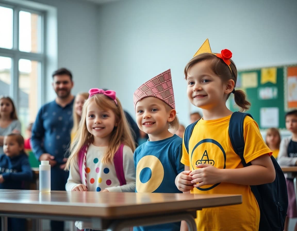 Elementary school students showing school pride in spirit day costumes with families at school