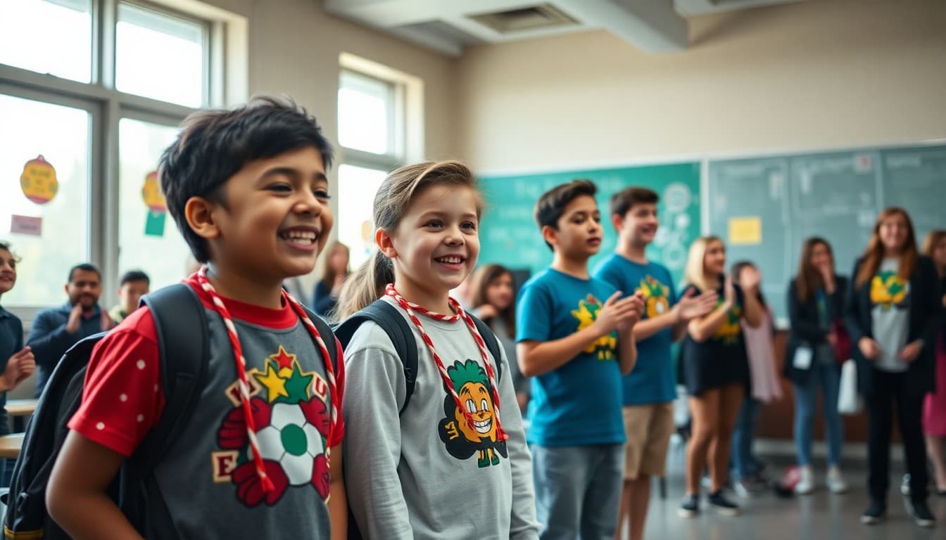 Students dressed in school spirit day theme at school event with teachers cheering