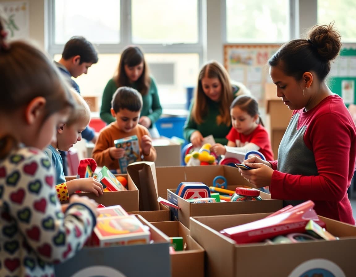 Elementary students and teachers sorting holiday toy donations in boxes for school toy drive delivery