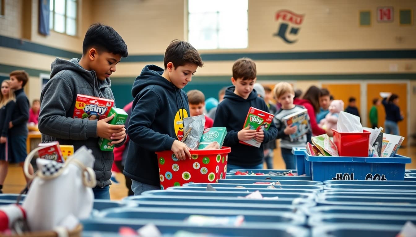 Students donating toys at school holiday toy drive collection bins in gymnasium before winter break