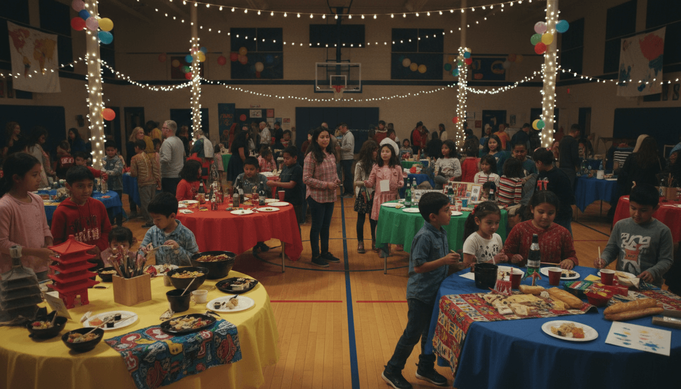 A school gym decorated with flags and cultural booths during a multicultural night event with families browsing tables