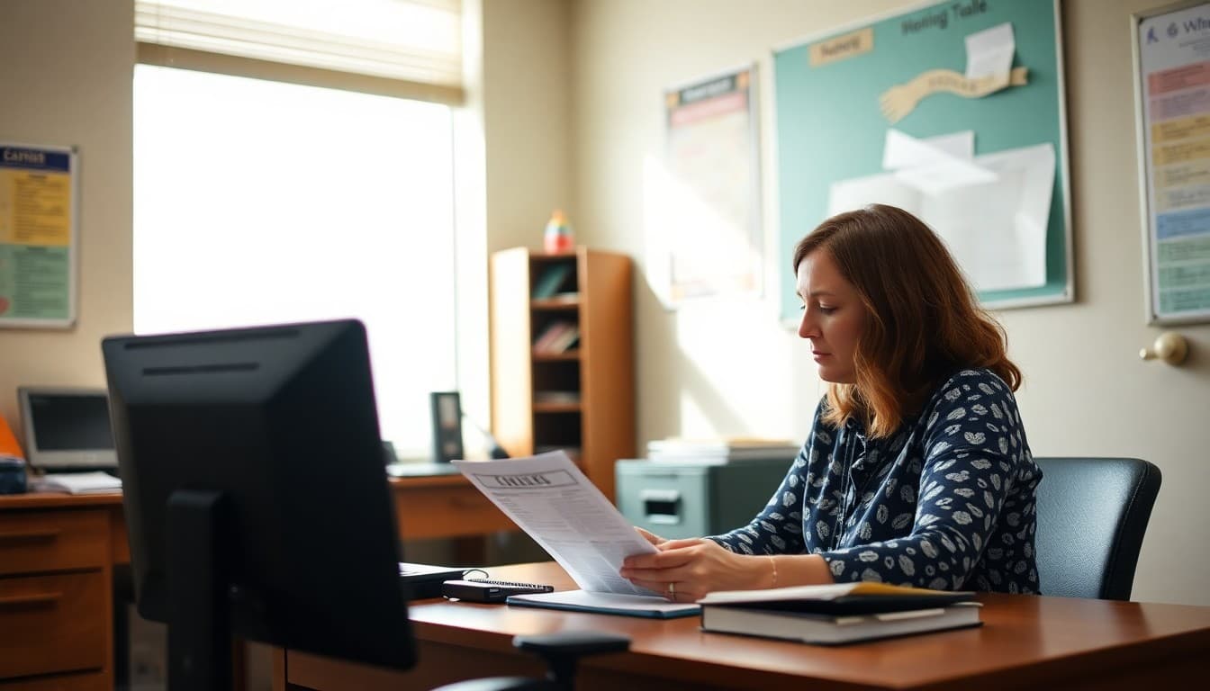 Arkansas gifted program teacher preparing monthly family newsletter at a school office desk