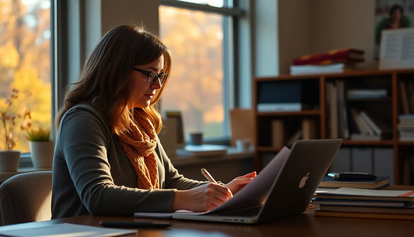 Connecticut gifted program coordinator drafting fall newsletter at school office with autumn light