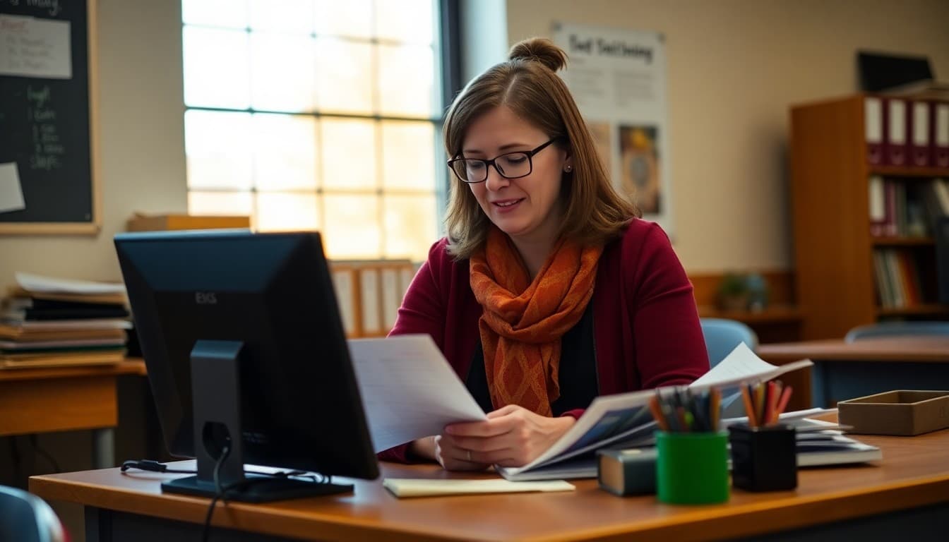 Delaware gifted program coordinator preparing family newsletter at a school desk in autumn