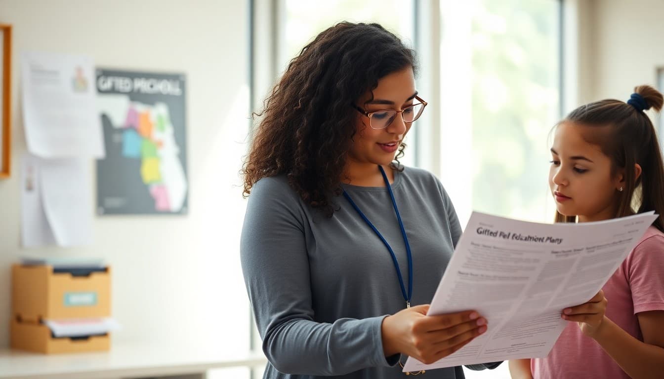 Florida gifted program coordinator reviewing educational plan newsletter at a bright school office