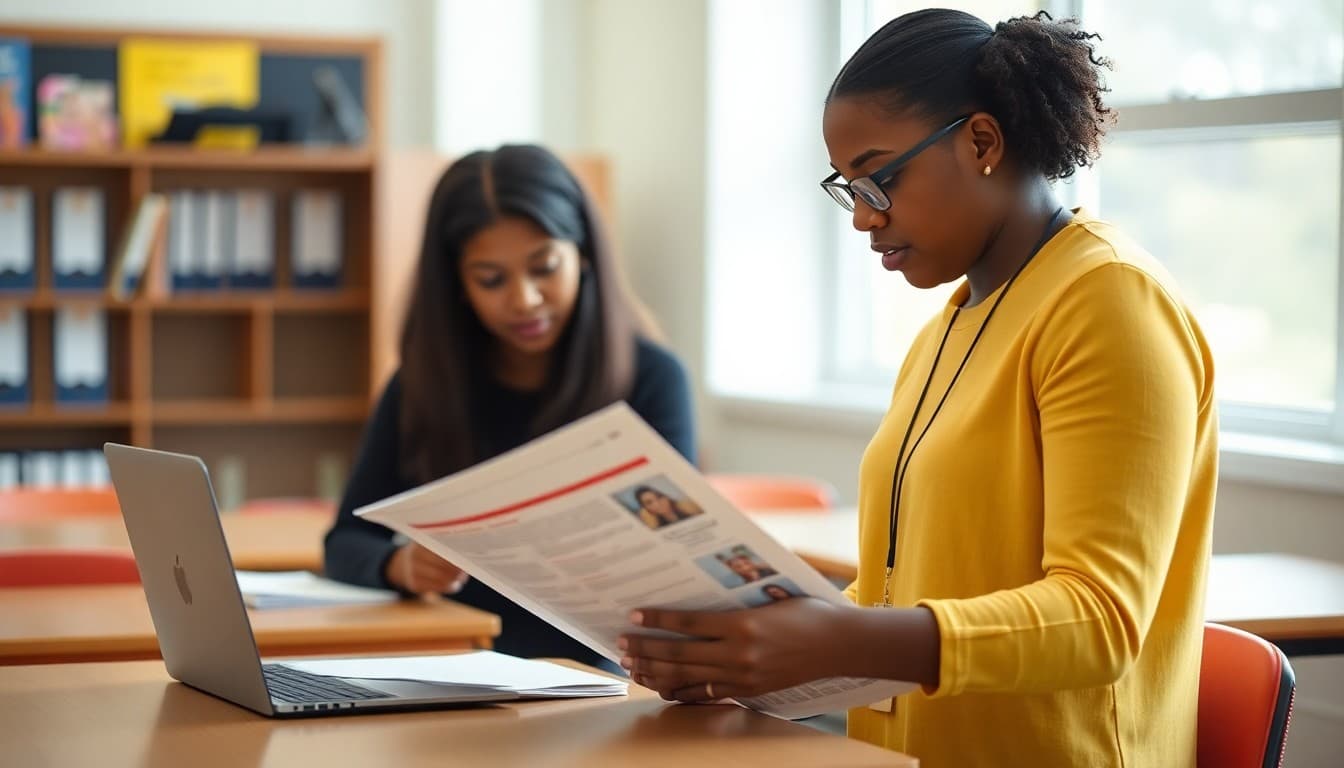 Georgia gifted program coordinator preparing a newsletter at a school in Atlanta