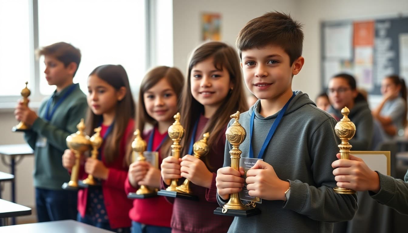 Gifted students competing in an academic competition holding trophies and awards