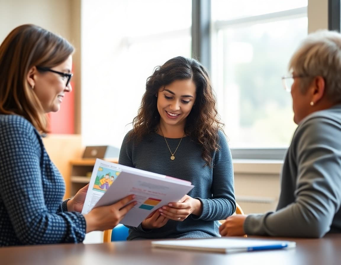 Gifted assessment coordinator reviewing student portfolio with teacher and parent
