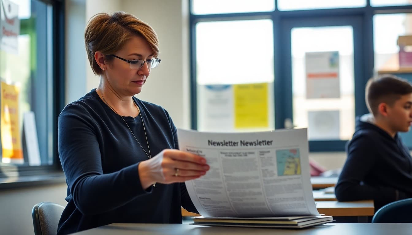 Iowa gifted program coordinator preparing a newsletter at a school in Des Moines