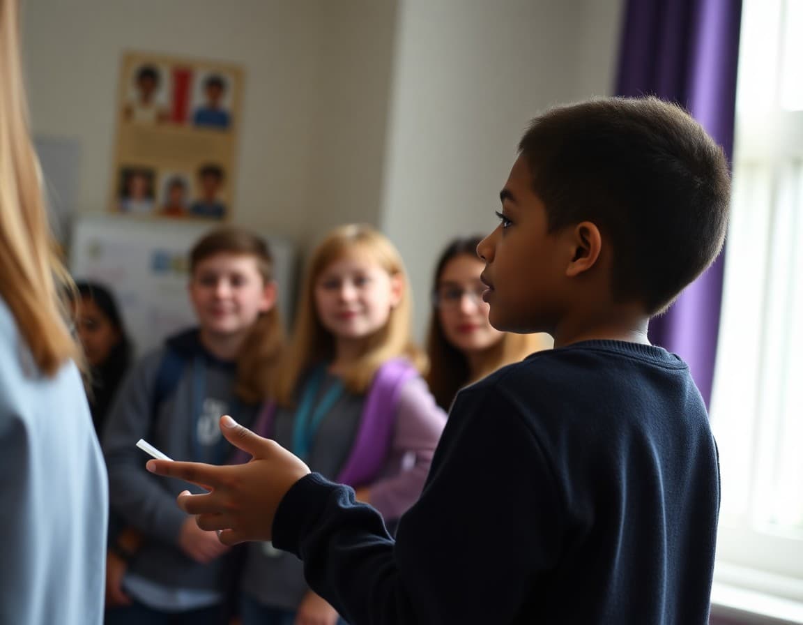 Student presenting independent research findings at a school showcase event