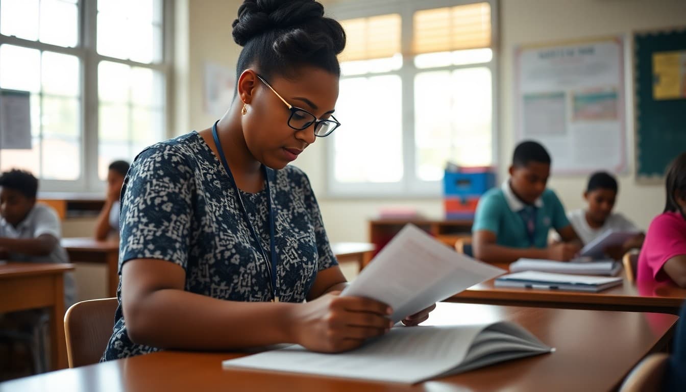 Louisiana gifted program coordinator preparing a newsletter at a school in New Orleans
