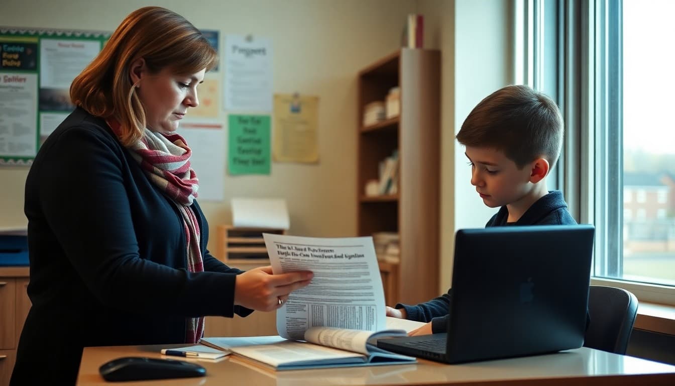 Minnesota gifted program coordinator preparing TAG program newsletter at a Twin Cities school office