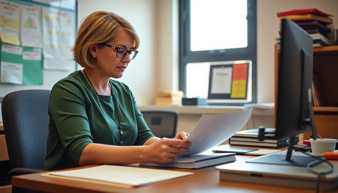 Mississippi gifted program coordinator preparing family newsletter at a school office desk