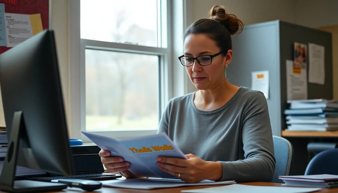 North Carolina AIG coordinator preparing family newsletter at a school office in fall