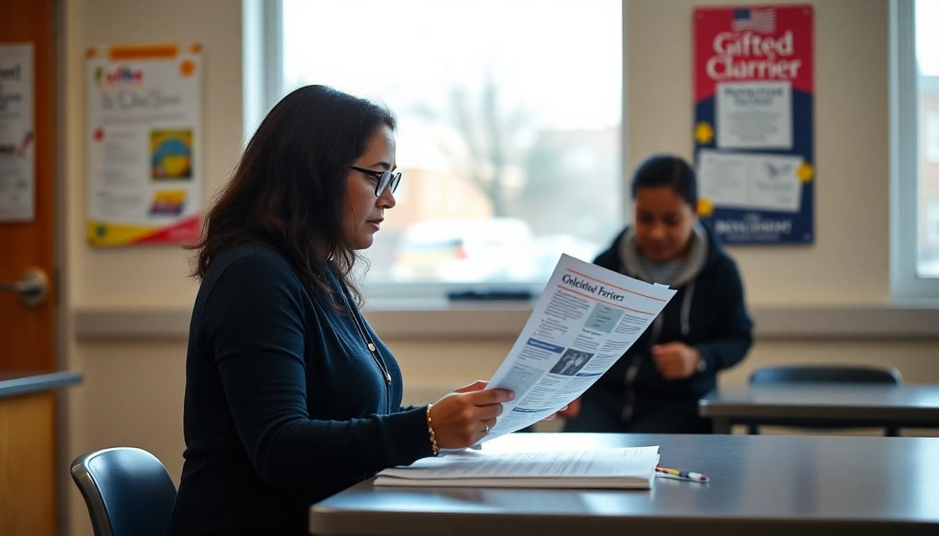New Jersey gifted program coordinator preparing a newsletter at a school in Newark