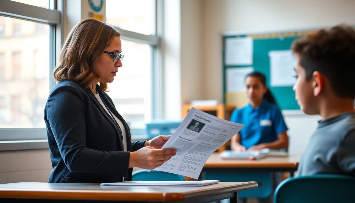 New York gifted program coordinator preparing a newsletter at a school in New York City
