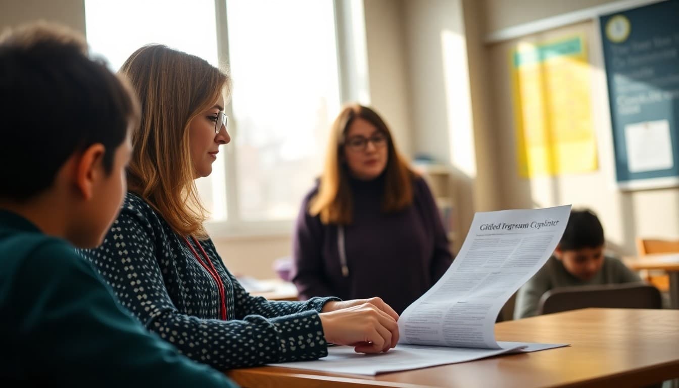 Ohio gifted program coordinator preparing a newsletter at a school in Columbus