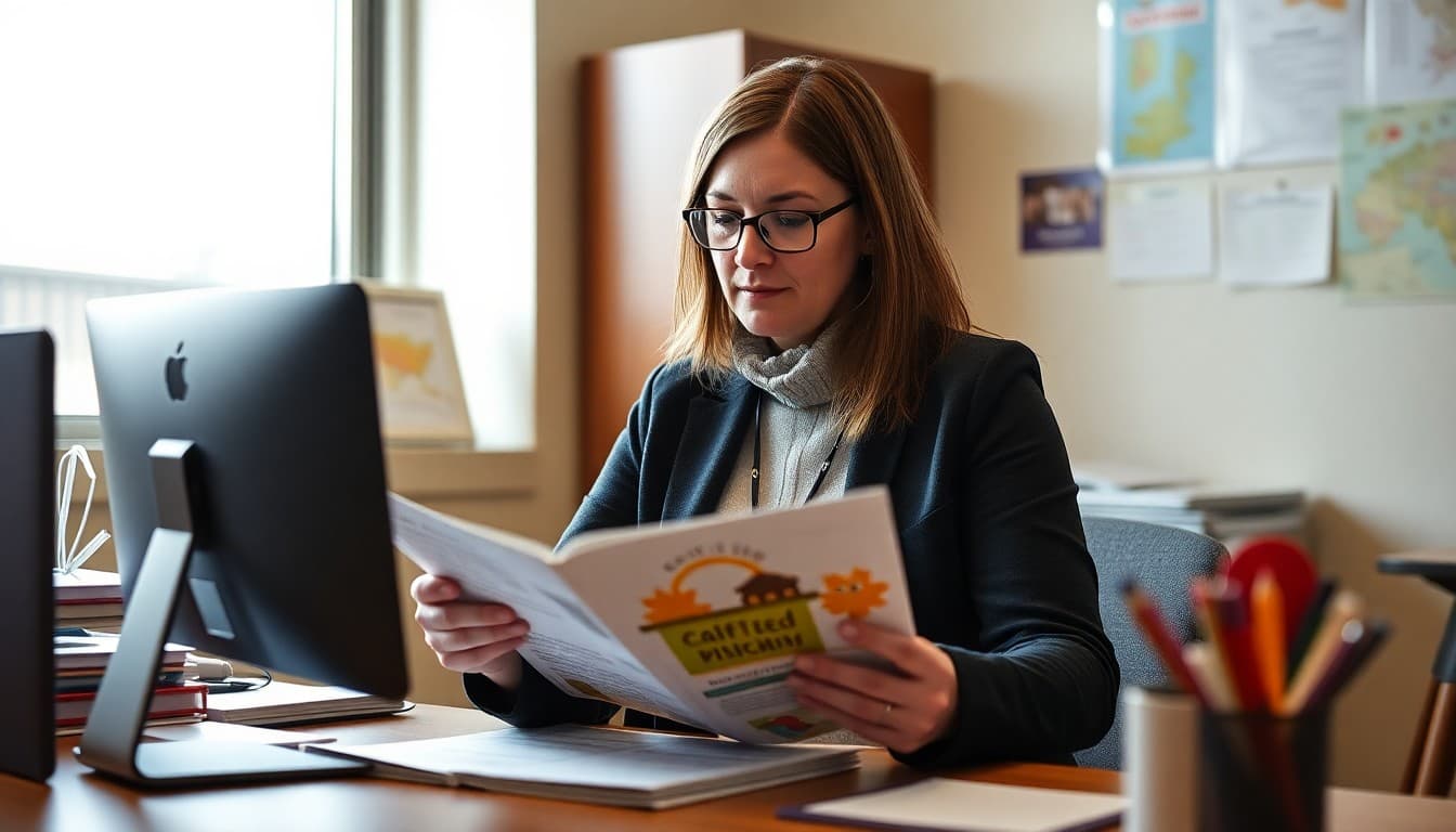 South Dakota gifted program coordinator preparing family newsletter at a school office in fall