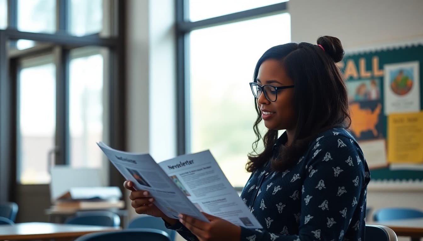 Texas gifted program coordinator preparing a newsletter at a school in Dallas