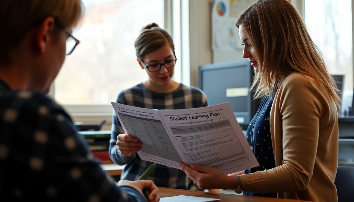 Virginia gifted program coordinator reviewing student learning plan newsletter at a school office