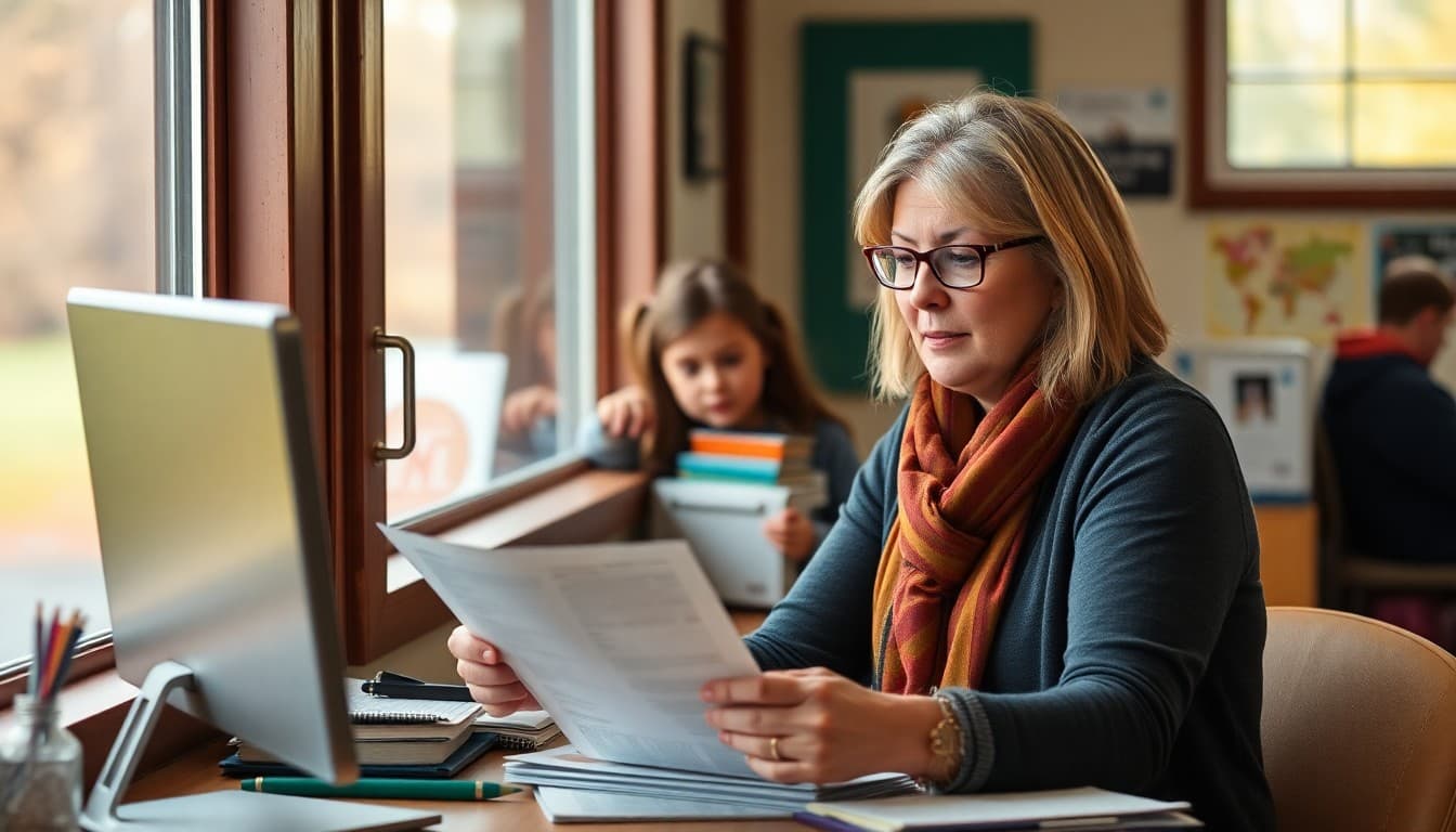 Vermont gifted program coordinator preparing family newsletter at a school office in fall