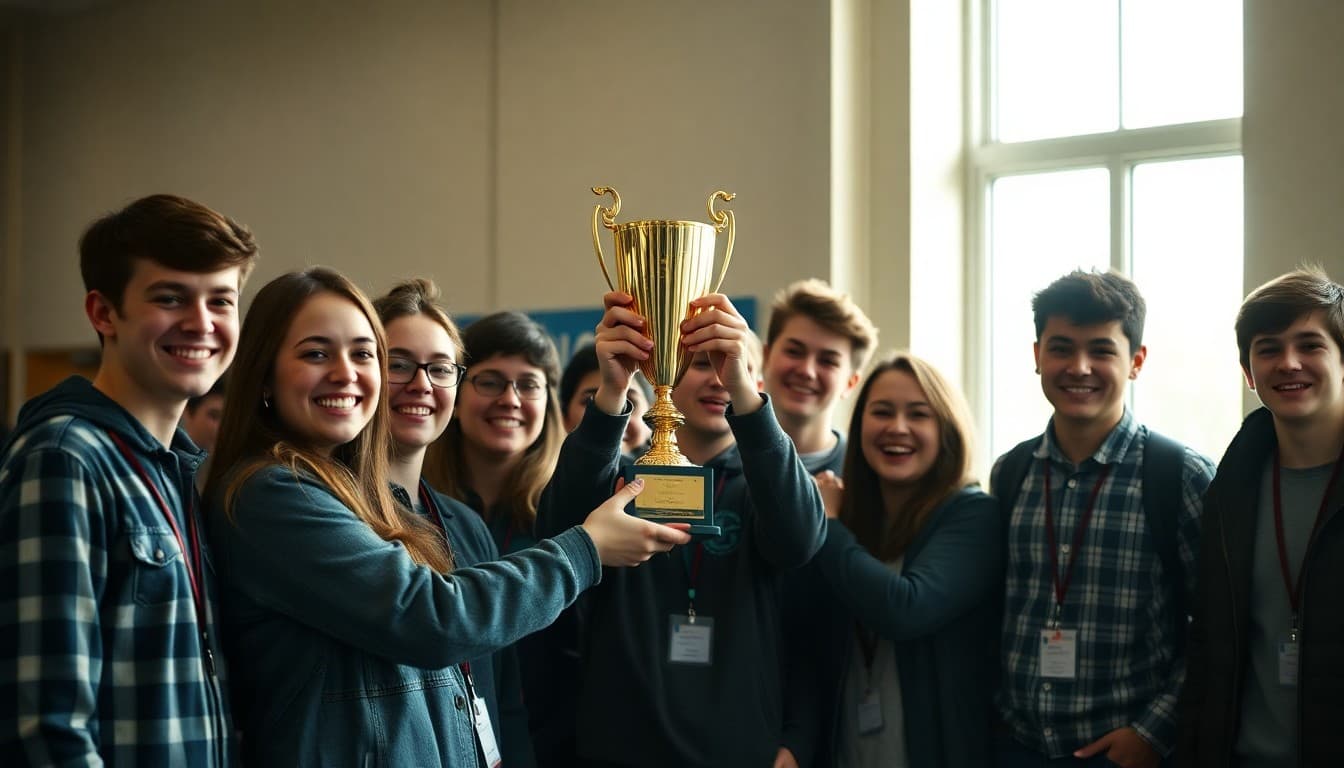 Academic decathlon team celebrating victory with trophy at school competition