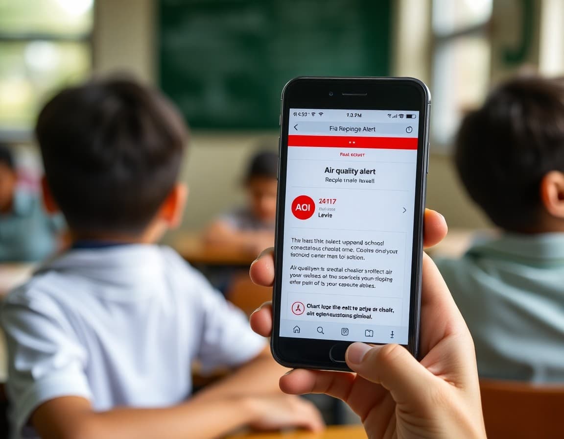 Air quality alert school notification on a smartphone showing AQI level and school response plan