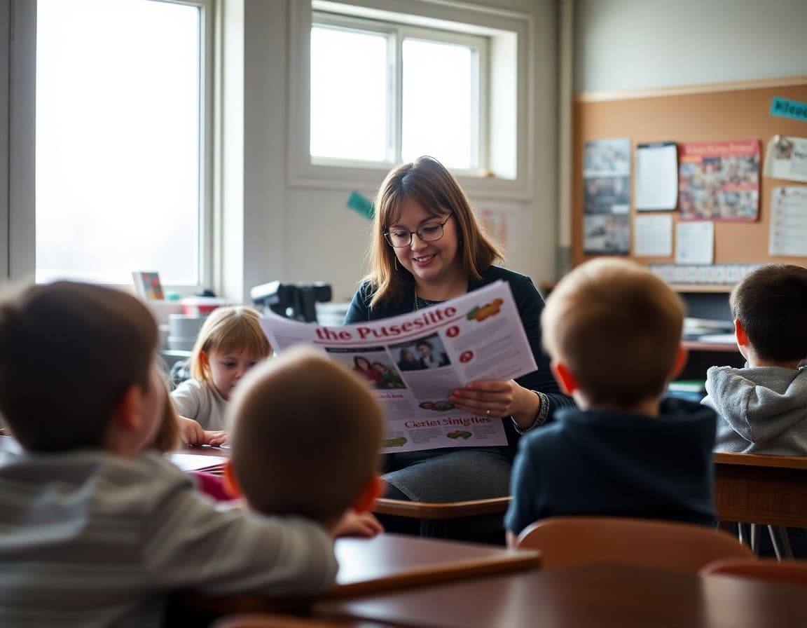 Alaska elementary school teacher reviewing newsletter with students in a small rural classroom
