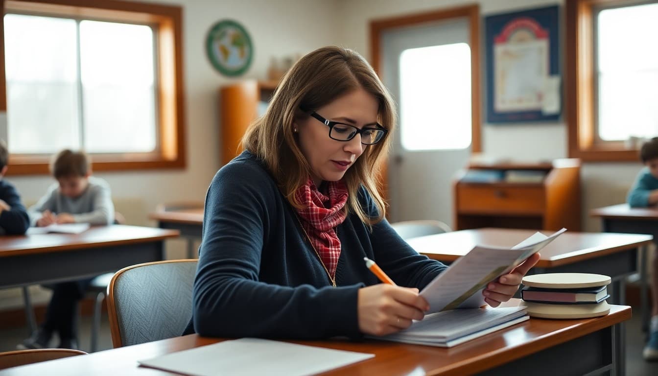 Elementary teacher in Alaska writing a classroom newsletter at a desk in a village school