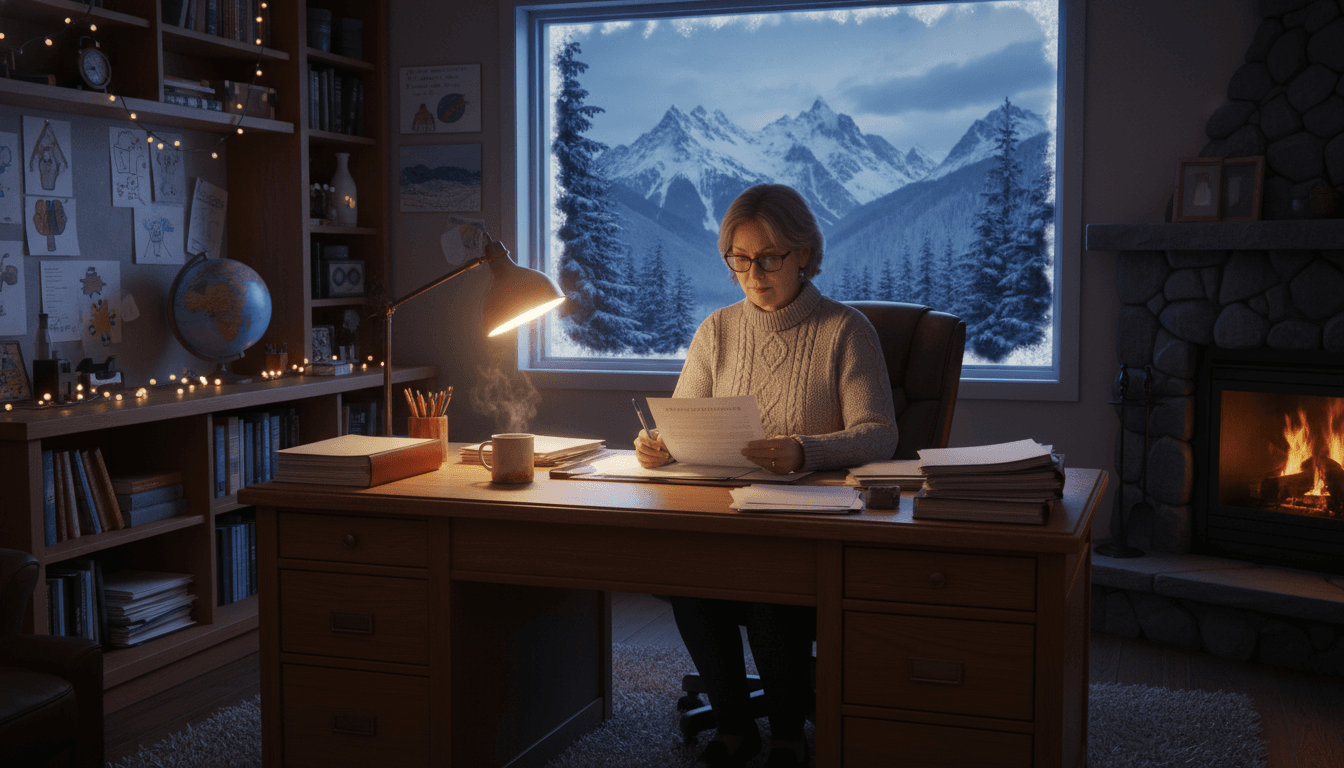 Alaska school principal reviewing communication plan in a rural school with winter landscape visible