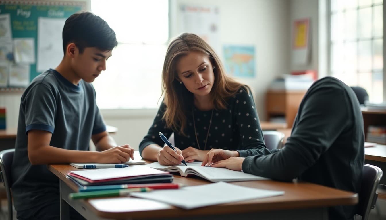 Elementary teacher in Alabama writing a classroom newsletter at a desk with student work
