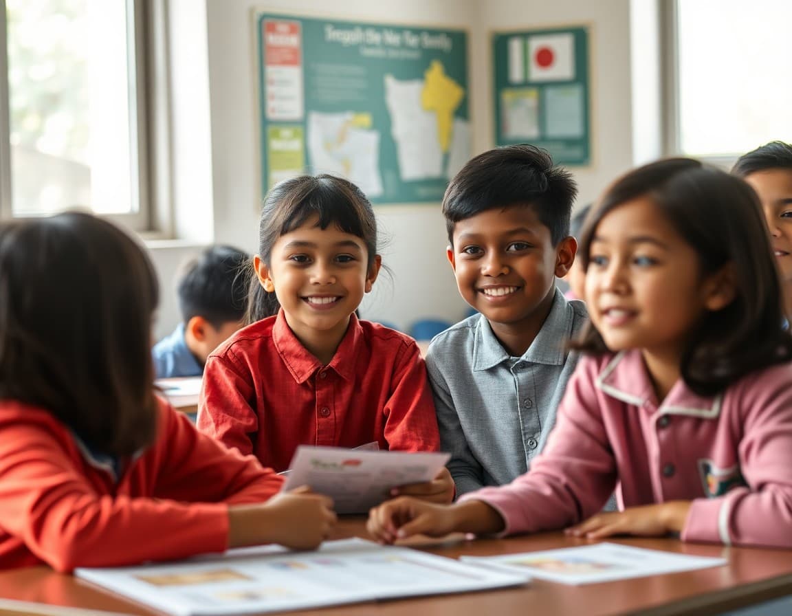 Global school community newsletter showing diverse student photos and international school events
