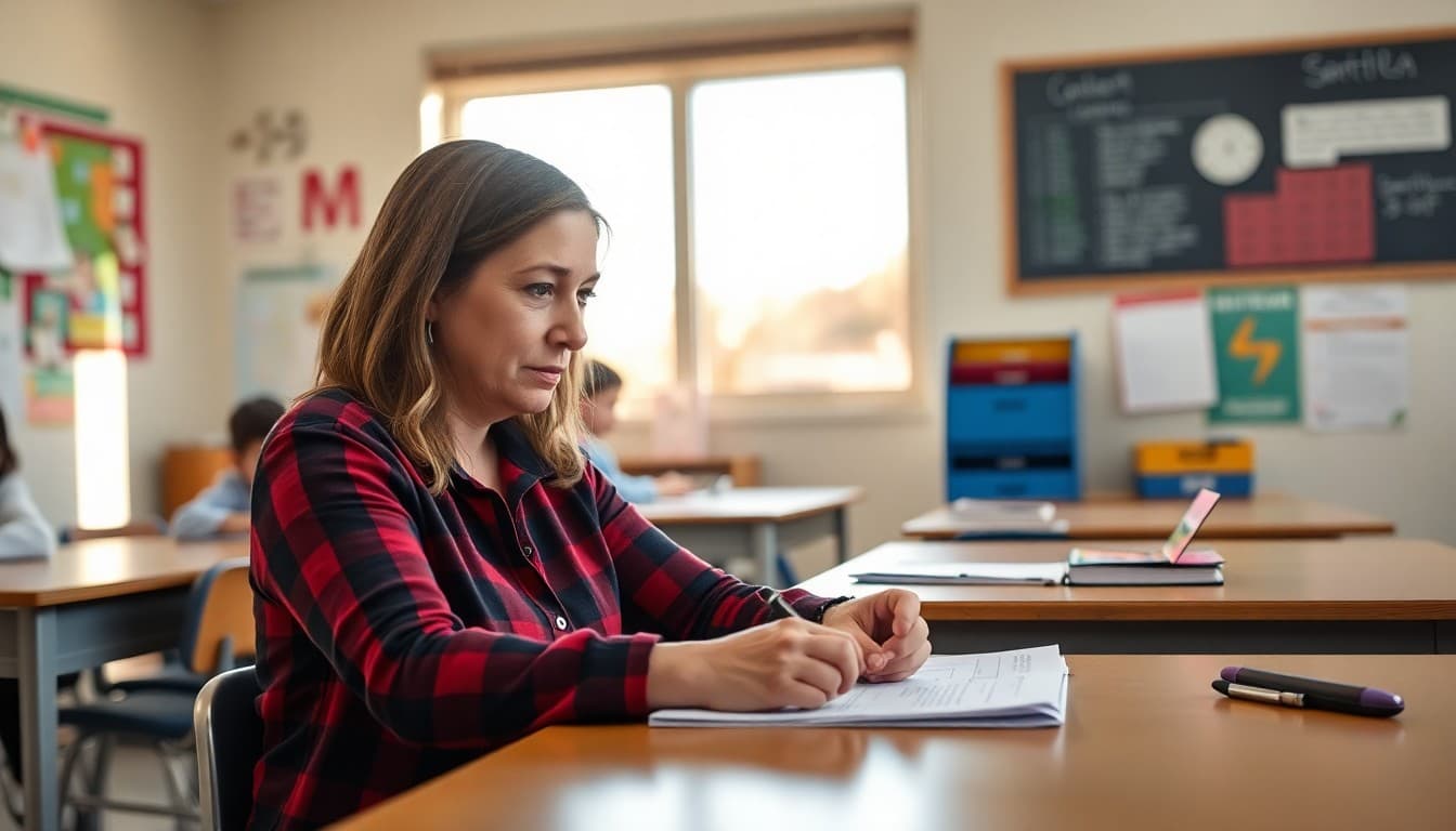 Elementary teacher in Arizona writing a classroom newsletter at a desk with desert school setting
