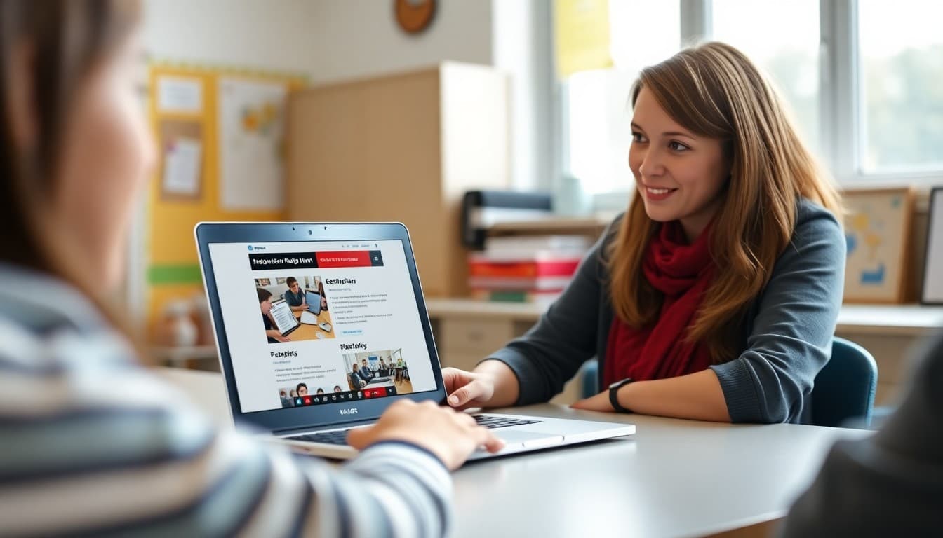 Teacher comparing school newsletter platform options on a laptop screen