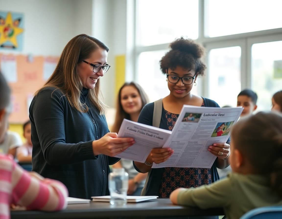 California elementary school teacher reviewing newsletter with parents at a family engagement event