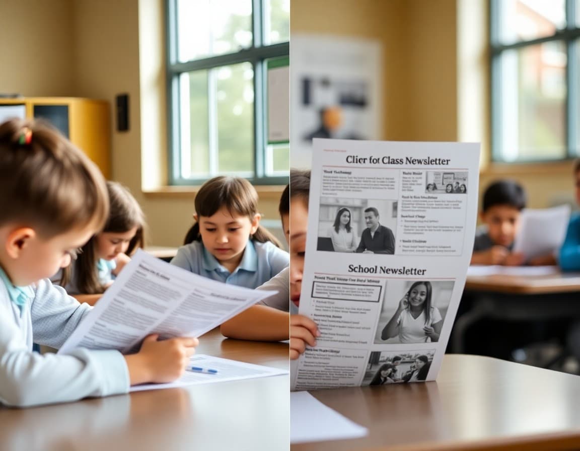 Side by side layout showing class newsletter content versus school newsletter content