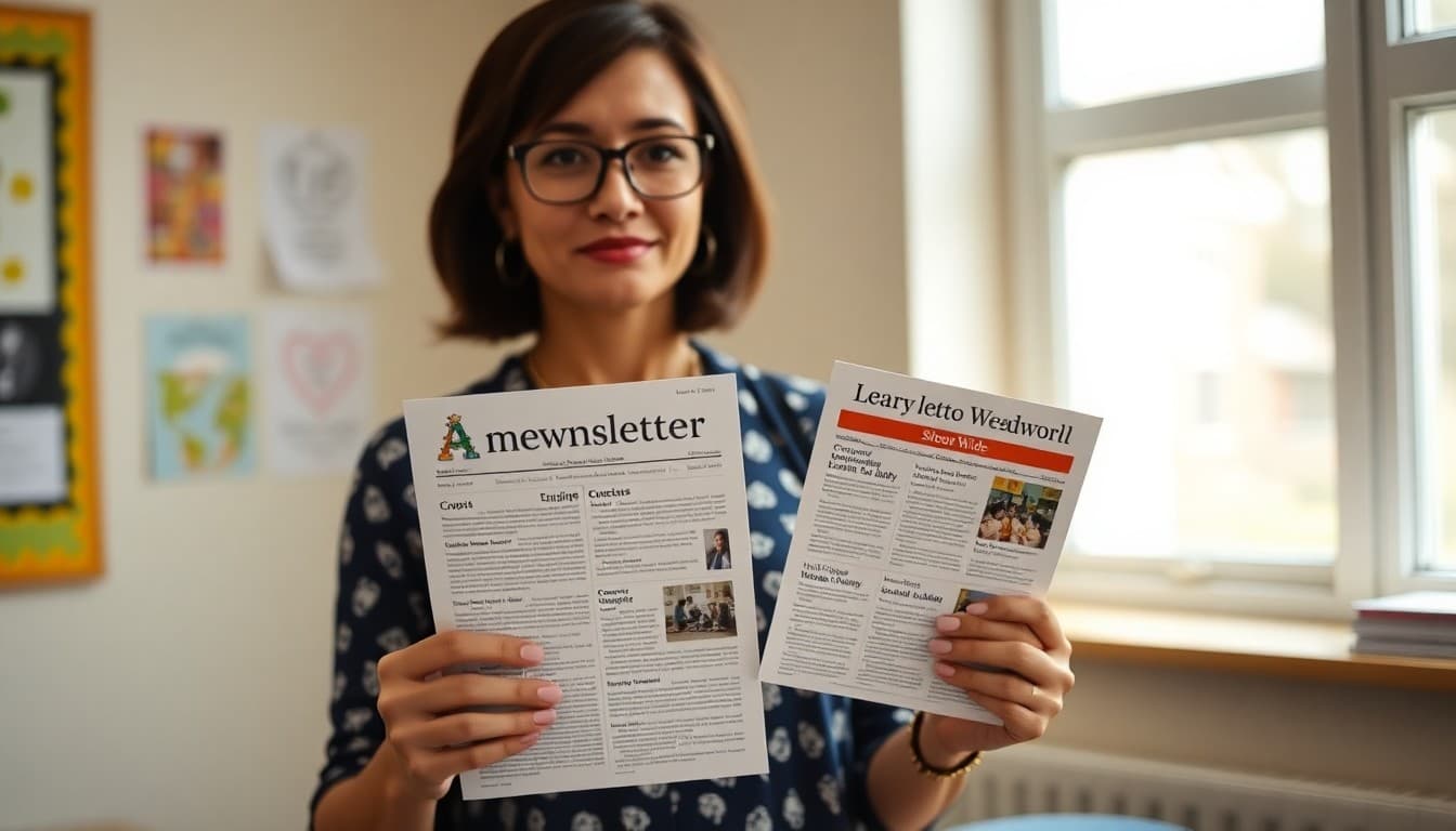 Teacher holding two newsletter examples, one classroom level and one school-wide