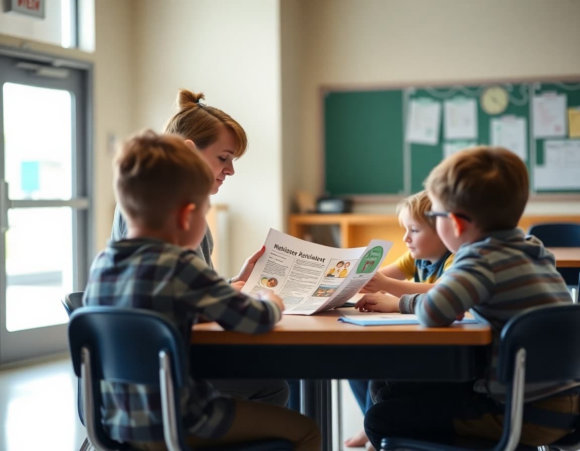 Colorado elementary school teacher reviewing newsletter content at a table with students