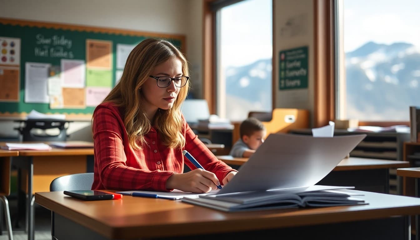 Elementary teacher in Colorado writing a classroom newsletter at a desk with mountains visible outside
