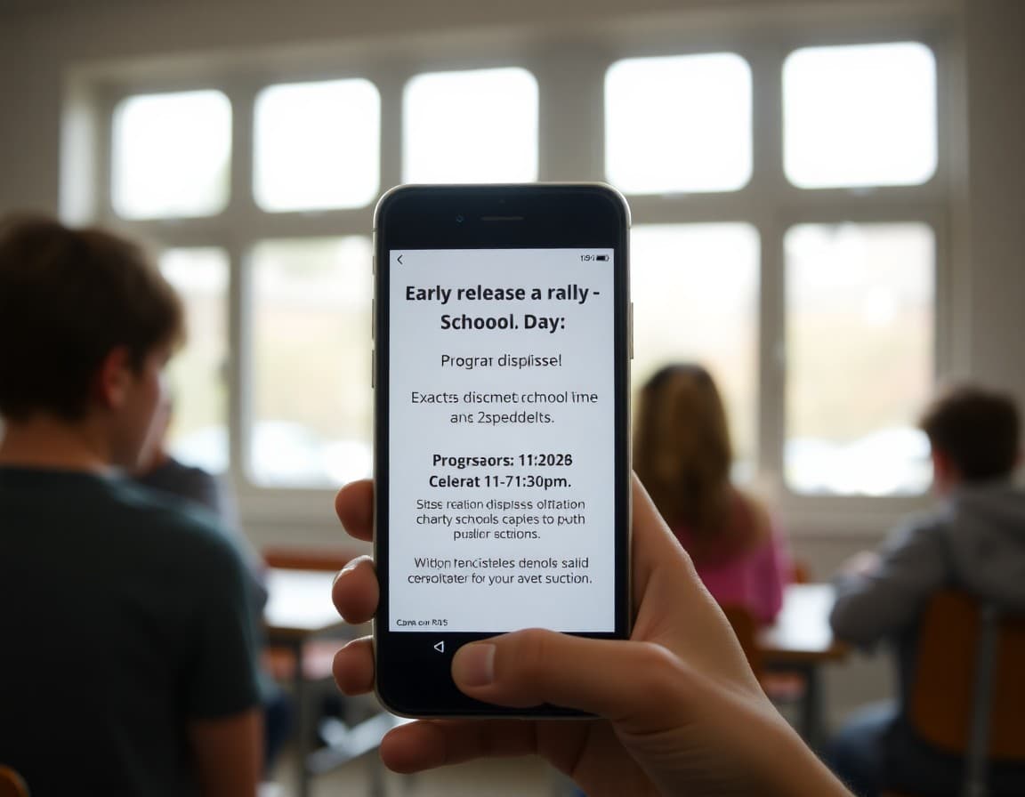 Early release school day notification on a phone screen showing exact dismissal time and program cancellations