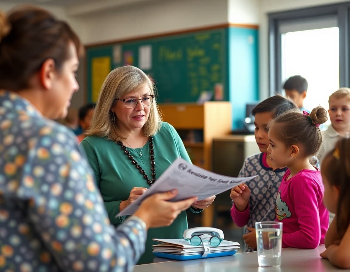 Florida elementary school teacher reviewing newsletter content with families at a school event