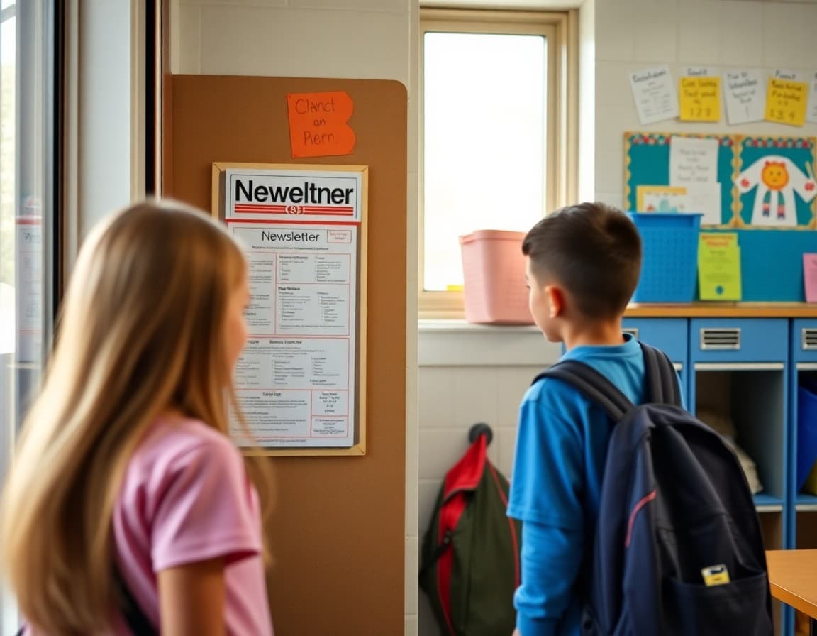 Georgia elementary classroom newsletter displayed on bulletin board near student cubbies