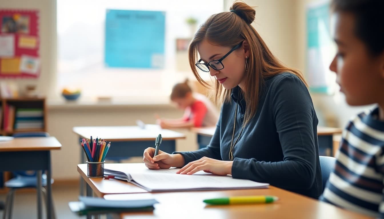 Elementary teacher in Georgia writing classroom newsletter at school desk