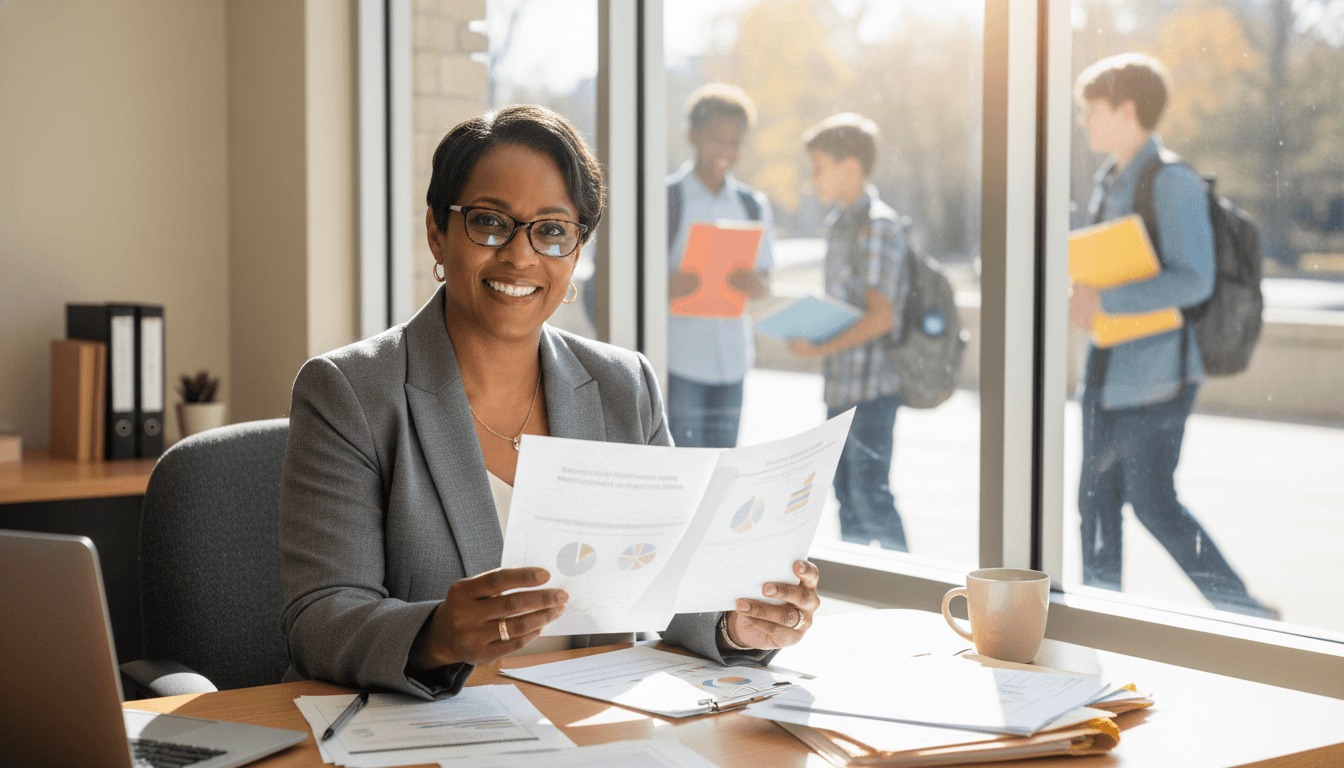 Georgia school principal reviewing parent communication requirements at a desk in an Atlanta-area school