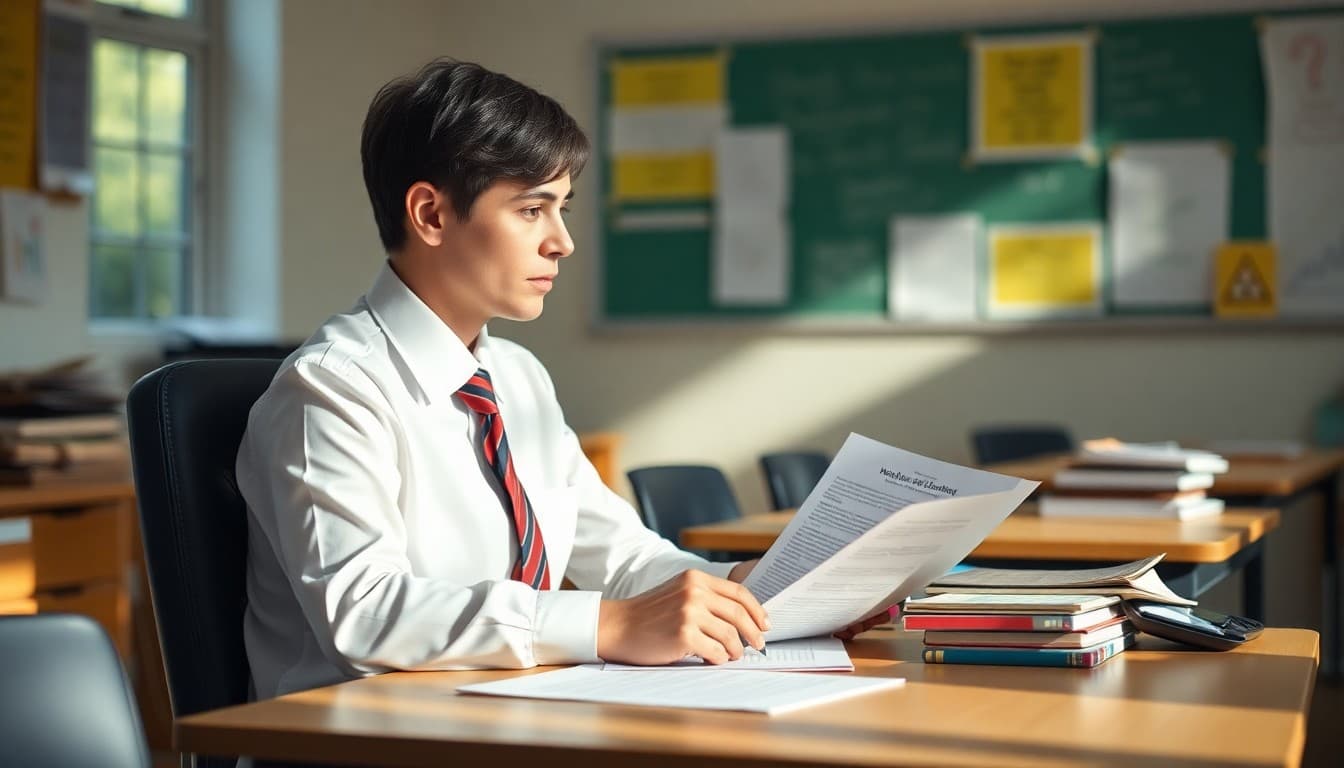 School principal sitting at a desk thoughtfully drafting a sensitive newsletter to families