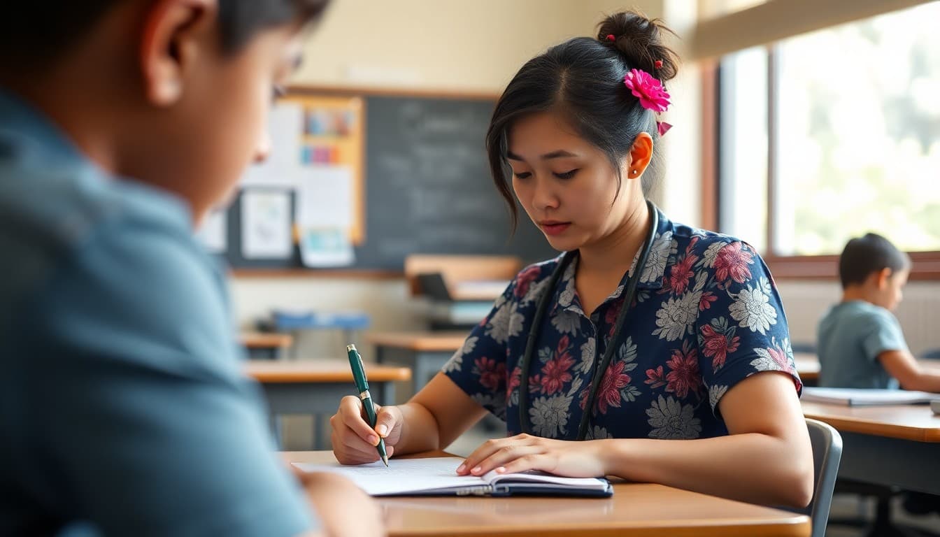 Elementary teacher in Hawaii writing classroom newsletter at school desk near window