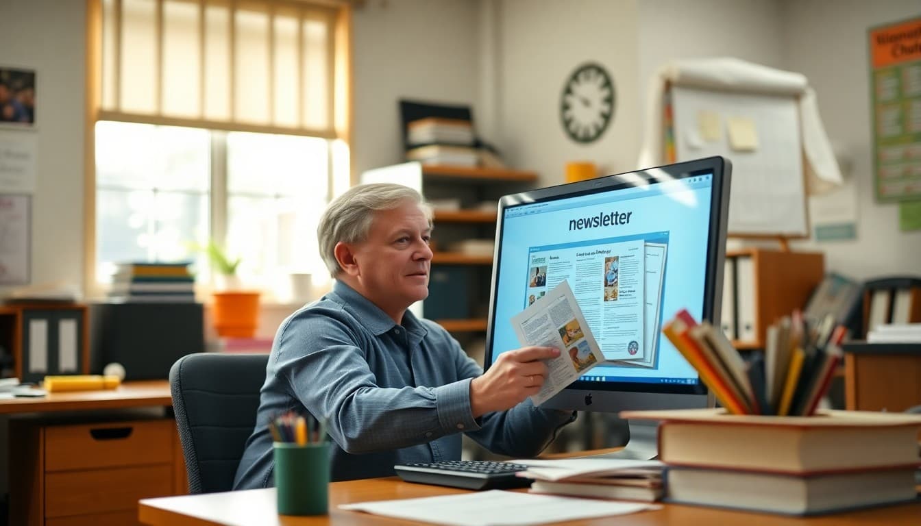 School administrator organizing digital newsletter archive on computer in office