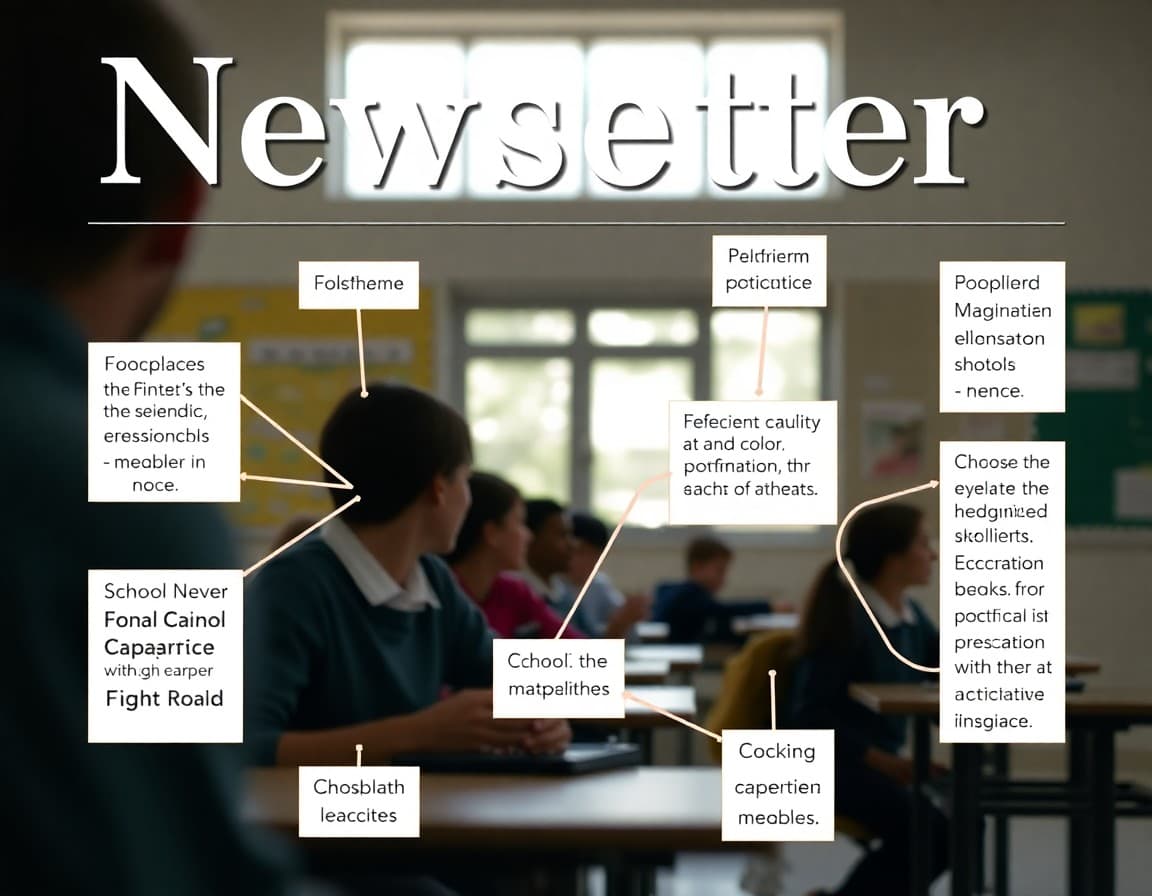 Annotated newsletter layout showing font hierarchy, margins, and color placement