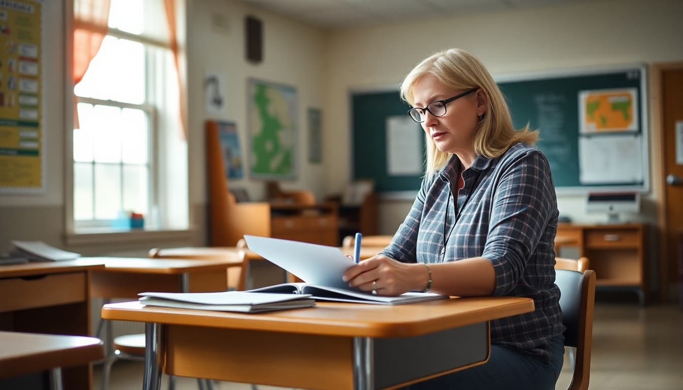 Elementary teacher in Iowa writing classroom newsletter at school desk in Midwest rural school